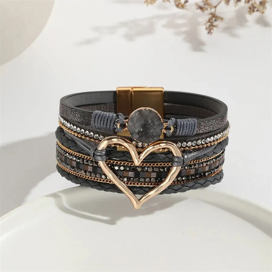 Love Heart New Metal Charm Leather Bracelets for Women Fashion Bohemian Rhinestone Resin Wrap Bracelet Bangle Couple Jewelry - Premium bracelet from Lizard Vigilante - Just $19.99! Shop now at Lizard Vigilante