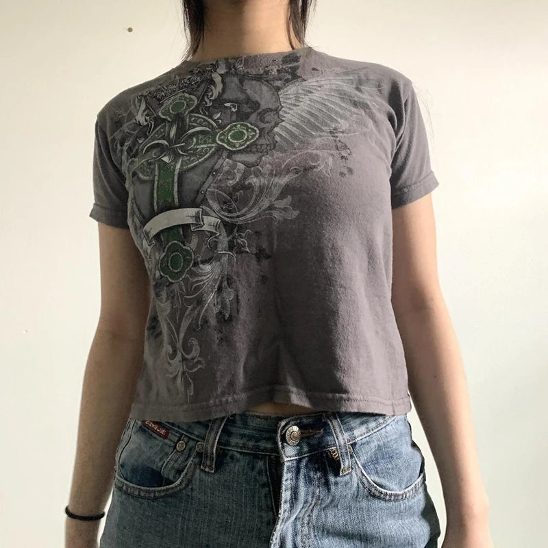 2000s Aesthetic Mall Goth E-girl Gothic T-shirt Retro Y2K Grunge Skull Wing Crop Tops Indie Graphic Print Short Sleeve Tee Women - Premium T-Shirt from Lizard Vigilante - Just $29.99! Shop now at Lizard Vigilante