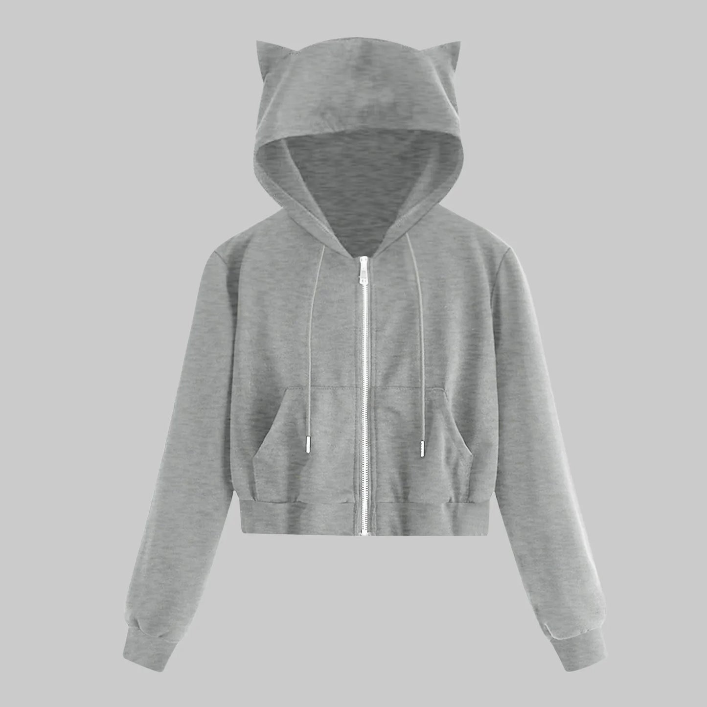 Kawaii Cat Ear Zip-Up Cropped Hoodie – Casual Sweatshirt with Drawstring & Pocket, Adorable Harajuku Style for All Seasons - Premium hoodie from Lizard Vigilante - Just $38.88! Shop now at Lizard Vigilante