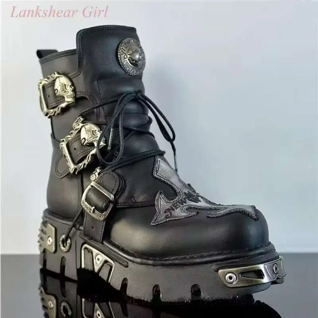 Unisex Leather Boots - Silver Skull Devil Goth Punk Metallic Motorcycle Boots (Size 35-48) - Premium boots from Lizard Vigilante - Just $268.88! Shop now at Lizard Vigilante