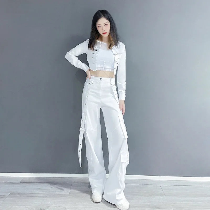 Kpop Korean New Women White Slim Crop Top Cargo Pants Concert Outfits Festival Clothes Lady Stage Rave Hip Hop Vest Dancer Suits - Premium  from Lizard Vigilante - Just $39.99! Shop now at Lizard Vigilante