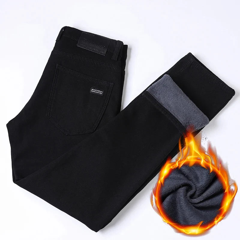 2024 New Winter Pure Black Fleece Thick Warm Jeans Men's loose Straight Elastic Denim Pants classics Casual Plush Trousers