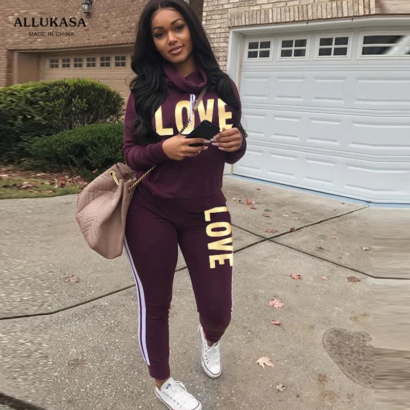 Women’s LOVE Letter Print Two-Piece Tracksuit – Stylish High Neck Hoodie & Pants Set - Premium hoodie set from Lizard Vigilante - Just $38.88! Shop now at Lizard Vigilante