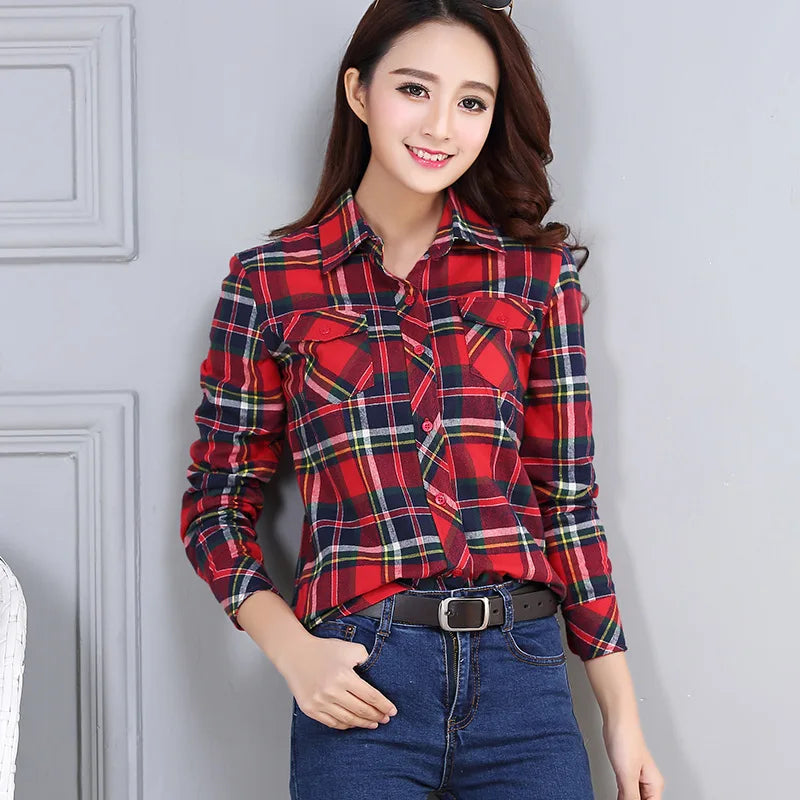 Women’s Cotton Flannel Plaid Shirt – College Style Long Sleeve Blouse with Pockets – Timeless Casual Elegance - Premium shirt from Lizard Vigilante - Just $38.88! Shop now at Lizard Vigilante