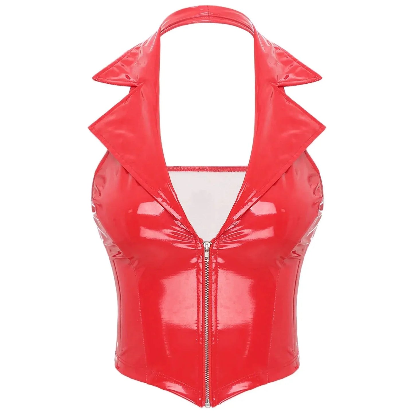 Womens Wet Look Leather Deep V Neck Halter Backless Crop Tank Tops Desirable Camisole Vest for Club Party Festival Raves Clubwear - Lizard Vigilante