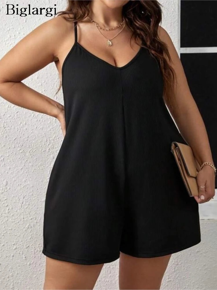 Plus Size Summer Sleeveless Slip Jumpsuit Women V-Neck Fashion Sexy Ladies Jumpsuits Wide Leg Loose Woman Mini Jumpsuit - Premium  from Lizard Vigilante - Just $27.99! Shop now at Lizard Vigilante