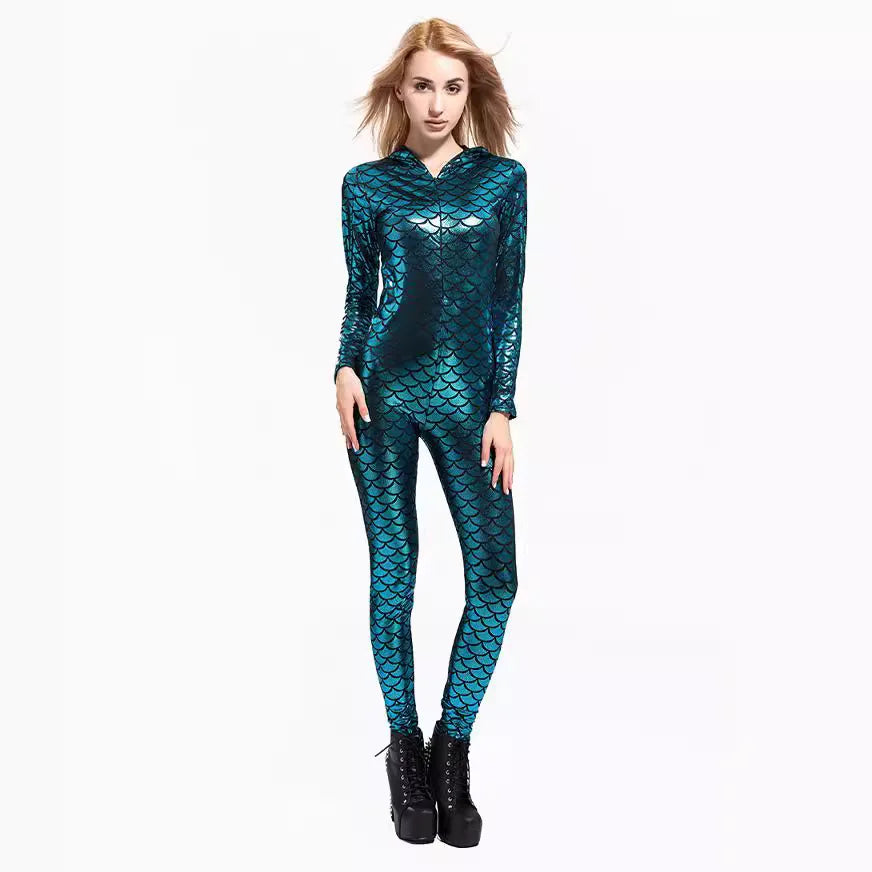 Female Sexy Fish Scale Bodysuit with Hood – Vintage Cosplay Costume for Women, Perfect for Halloween and Carnival - Premium bodysuit from Lizard Vigilante - Just $38.88! Shop now at Lizard Vigilante