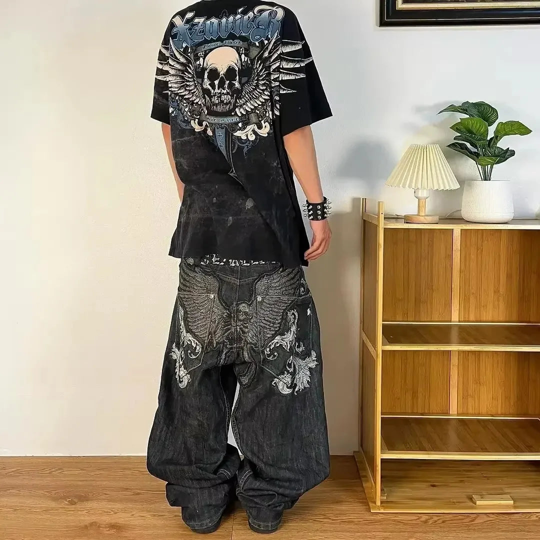 2023 New American Harajuku retro skull print straight high waist Y2K women's washed grey jeans Streetwear Gothic wide trousers