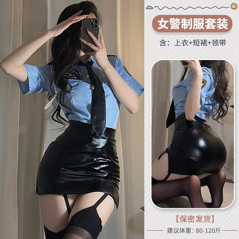 Sexy Flight Attendant Role-Play Set – Black Leather Wrap Skirt & Turn-Down Collar Short Sleeve Top - Premium costume from Lizard Vigilante - Just $19.99! Shop now at Lizard Vigilante