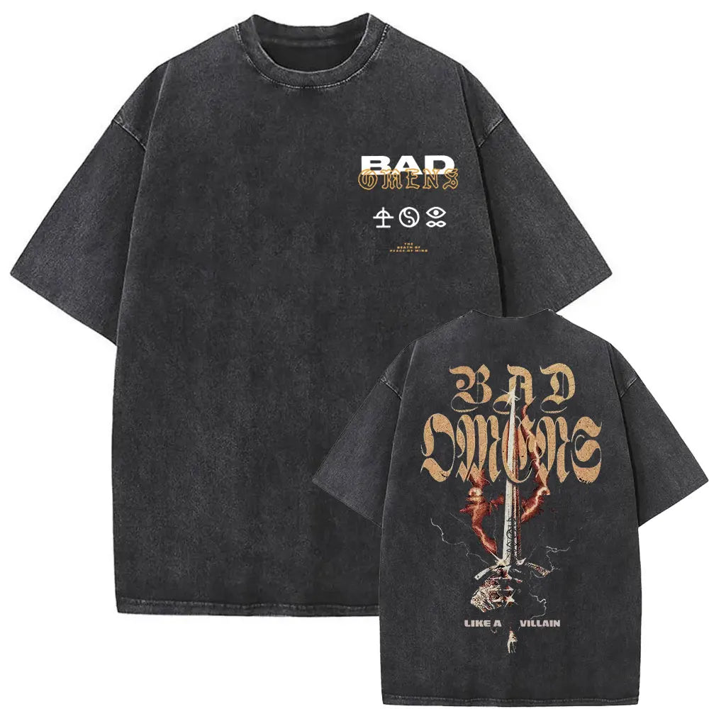 Washed Vintage Bad Omens Band T-Shirt | THE DEATH OF PEACE OF MIND Oversized T-Shirt for Men & Women | Rock Gothic Fashion Tee - Premium T-Shirt from Lizard Vigilante - Just $24.99! Shop now at Lizard Vigilante