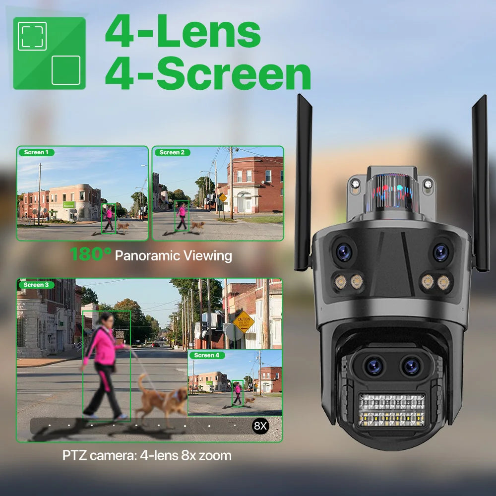 WIFI 8K 8X Zoom IP Camera Four Lens Four Screen Human Detecton Camera 4K 8MP IP HD Dual Srceen Security Waterproof Camera iCsee
