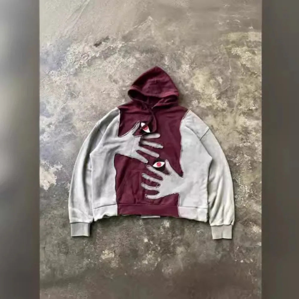 Y2K American Goth 3D Patchwork Hoodie – Retro Hip Hop Streetwear Outerwear for Men