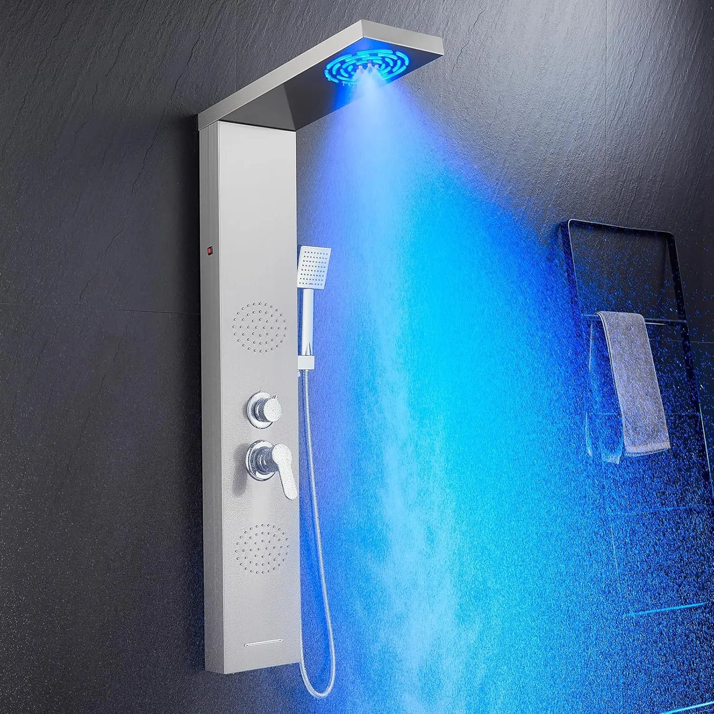 POPFLY LED Shower Panel with Shelf – Black 304 Stainless Steel, Multi-function Mist & Rainfall Shower System with Body Jets and Tub Spout - Premium shower panel from Lizard Vigilante - Just $146.99! Shop now at Lizard Vigilante