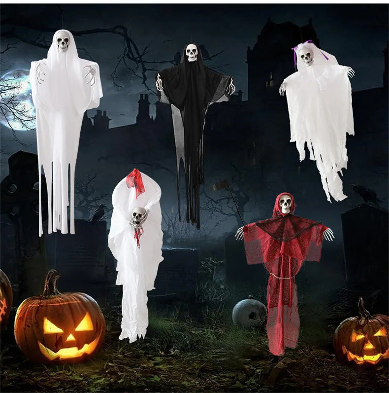 Halloween Gauze Skull Decor - Horror Grim Reaper, Headless Ghost & Red-Haired Ghost Ornaments for Haunted House Decoration