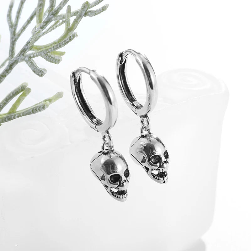 Vintage Black Skull Needle Hoop Earrings – Hypoallergenic Punk Biker Rock Jewelry for Men - Premium earrings from Lizard Vigilante - Just $19.88! Shop now at Lizard Vigilante