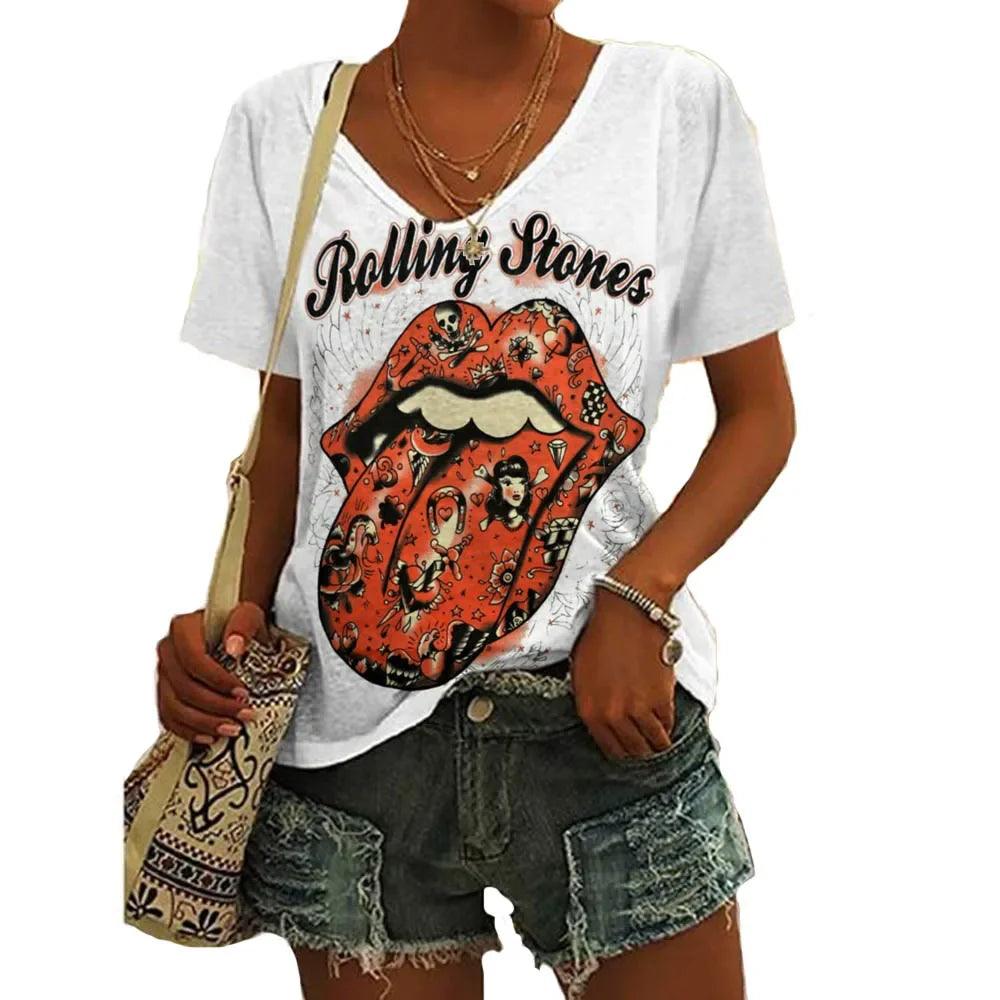 Rolling Stones Women's T Shirts 3d Lip Print Fashion Casual Short Sleeve V-neck Tops Tee Summer Harajuku Female Clothing - Lizard Vigilante