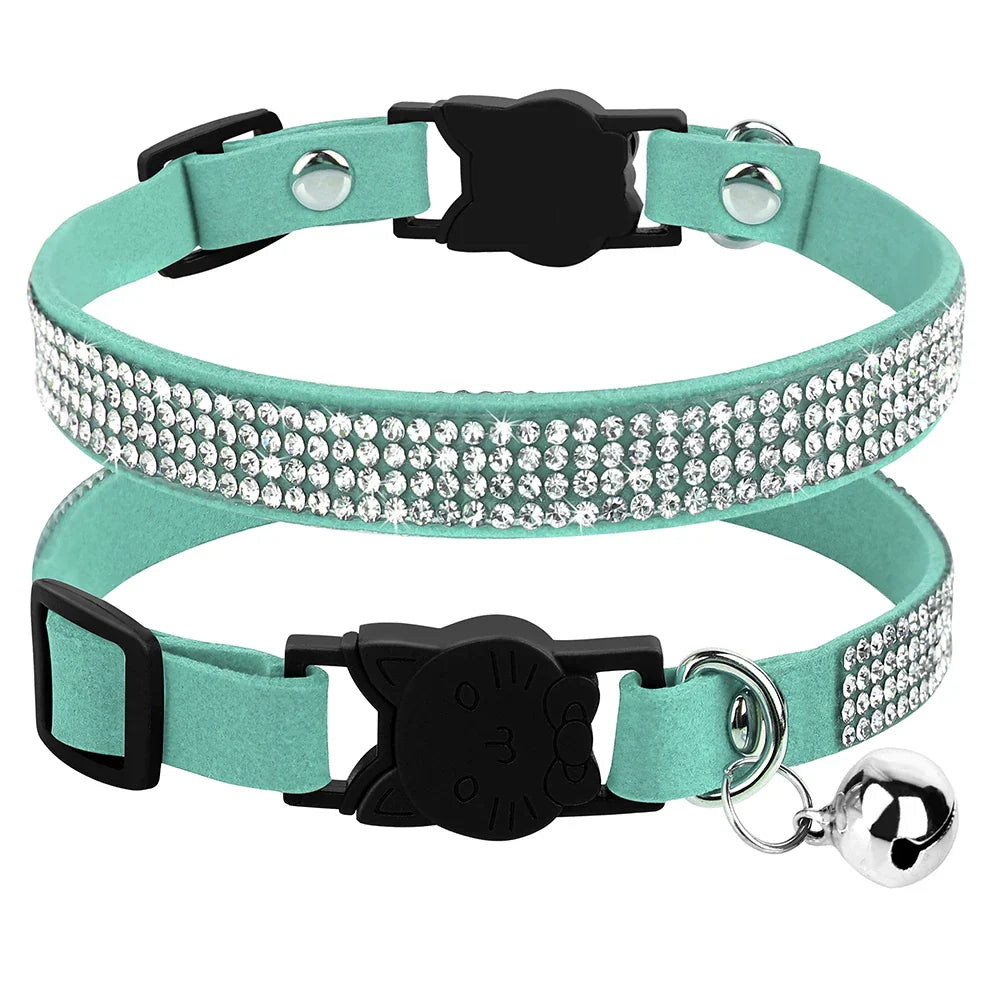 Soft Suede Leather Cat Collar Bling Rhinestone Cats Collars with Bell Safety Breakaway Pet Puppy Necklace Adjustable XS S Pink