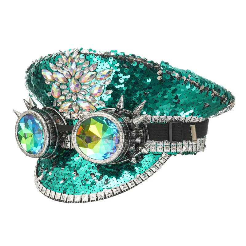 Green Sequined & Rhinestones Luxury Military Hat – Steampunk Rave Rock Festival Party Accessory with Removable Glasses - Premium Hat from Lizard Vigilante - Just $48.88! Shop now at Lizard Vigilante