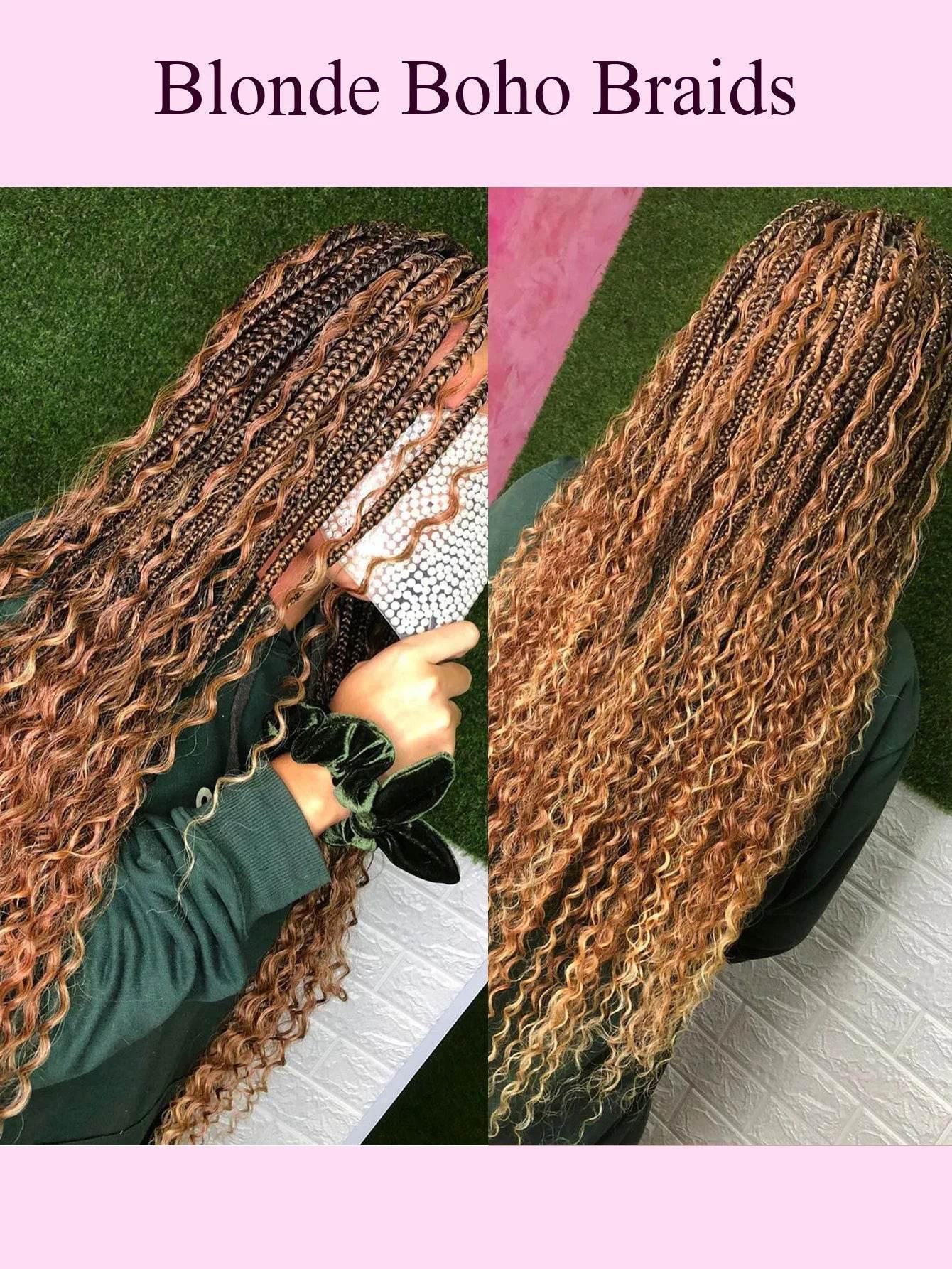 Boho Knotless Braided Wigs Synthetic Full Lace Braids With Curly Hair Ends Goddess Ombre Blonde Box Braided Wigs With Baby Hair