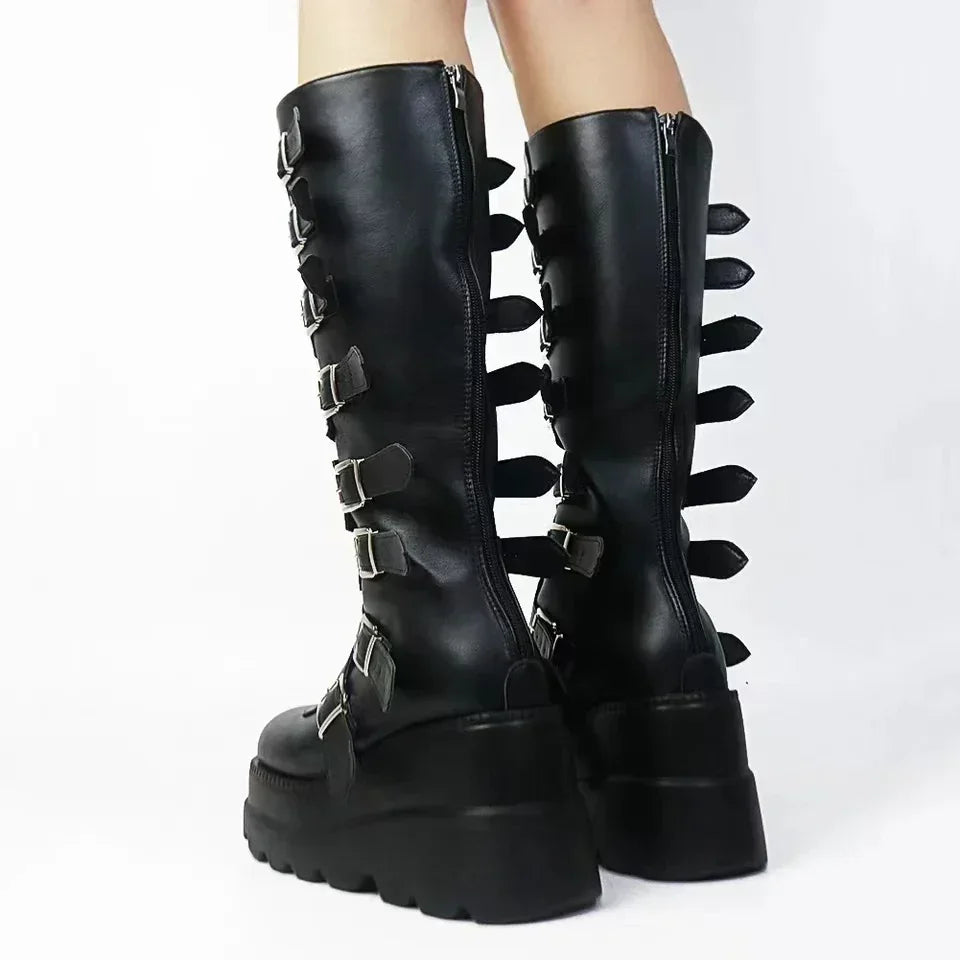 Gothic Knee High Platform Boots for Women – Punk Black Motorcycle Cosplay Boots - Premium platform boots from Lizard Vigilante - Just $46.88! Shop now at Lizard Vigilante