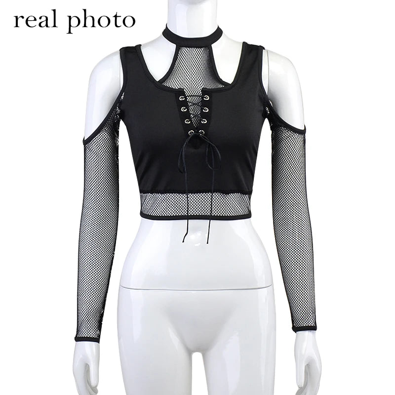 Goth Dark Techwear Fishnet Open Shoulder Halter T-shirts Mall Gothic Grunge Black Bandage Crop Tops Women Punk Sexy Alt Clothing - Premium Crop Top from Lizard Vigilante - Just $28.99! Shop now at Lizard Vigilante