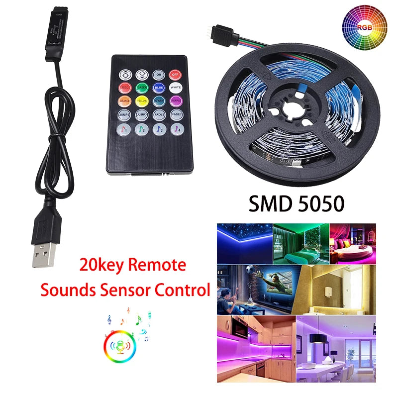 NOWYEY LED Strip 5V 5050 RGB USB Flexible Ribbon With Sound Sensor With 24 Keys Remote Control For TV Background Lighting - Premium LED Strip Lights from Lizard Vigilante - Just $19.97! Shop now at Lizard Vigilante