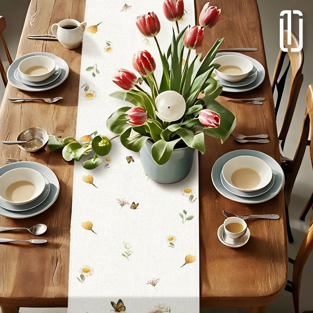 1pc Easter Bunny and Floral Egg Table Runner for Spring Holiday Home Decor, Easter Celebration Tablecloth Gift Idea