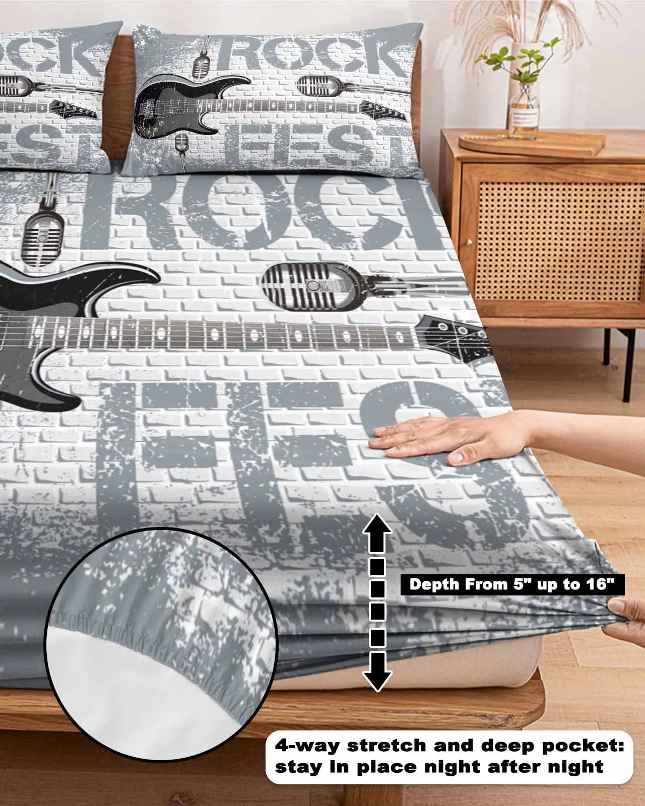 Rock Stone Music Black Guitar Symbol Queen Size Bed Mattress Fitted Sheet Set with Pillowcases - Premium fitted sheet from Lizard Vigilante - Just $73.99! Shop now at Lizard Vigilante