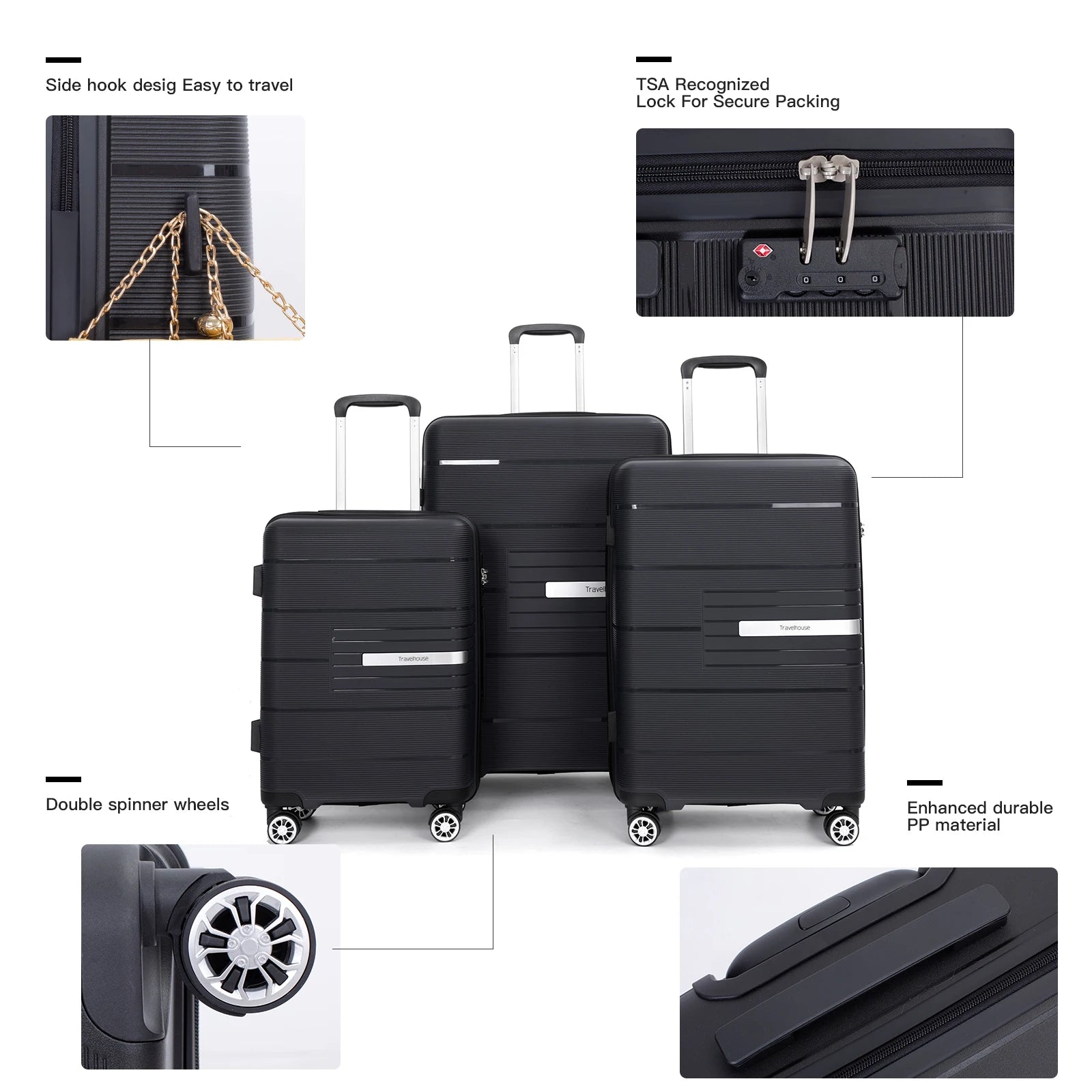 Travelhouse Hardshell Suitcase PP Luggage Sets Lightweight Durable Suitcase with TSA Lock,3-Piece Set (20/24/28) - Premium  from Lizard Vigilante - Just $180.99! Shop now at Lizard Vigilante