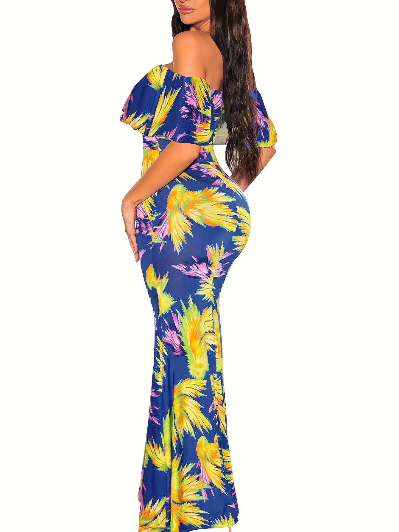 Women Rose Sunflower Floral Print Strapless Sexy Bodycon Slash Neck Off Shoulder Short Sleeve Polyester Floor Length Maxi Dress - Premium  from Lizard Vigilante - Just $51.99! Shop now at Lizard Vigilante