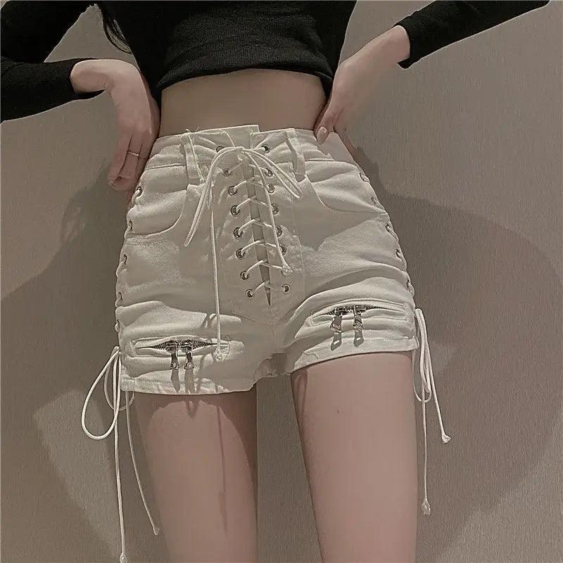 Women's Shorts Streetwear Goth Jeans Mini High Waist Lace Up Casual Zip Black Gothic Style Club Fashion - Lizard Vigilante