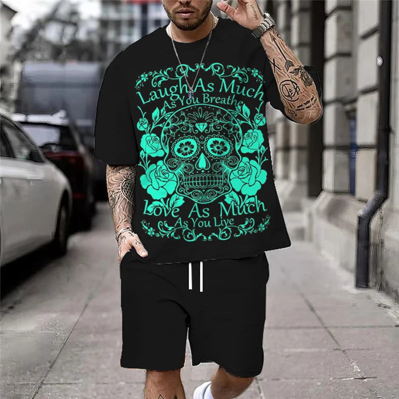 Summer New Casual Men's Skull Print T-Shirt Set Fashion Streetwear Tees Loose Oversized Breathable Soft Short Sleeves And Shorts - Premium tee shirt from Lizard Vigilante - Just $32.99! Shop now at Lizard Vigilante