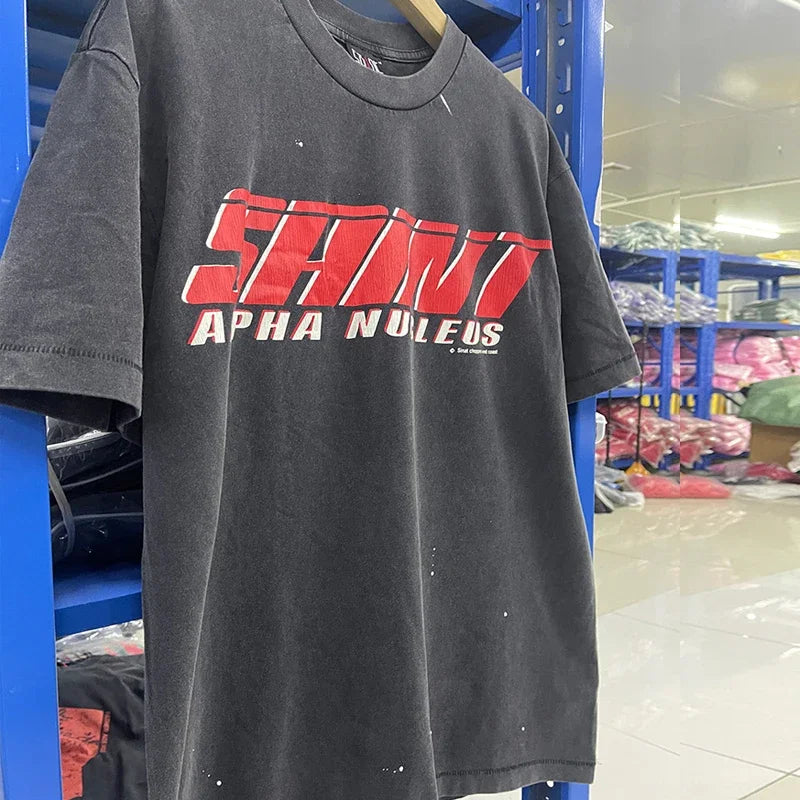 Men Women High Street Vintage Washed Black T-Shirt Top Quality Cototn TEE 3D Cracked Letters Logo Print Saint T Shirt With Tags - Premium  from Lizard Vigilante - Just $64.99! Shop now at Lizard Vigilante