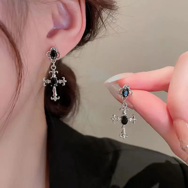 Gothic Cross Black Drill Drop Earrings – Punk Halloween Jewelry for Women - Premium earrings from Lizard Vigilante - Just $19.88! Shop now at Lizard Vigilante