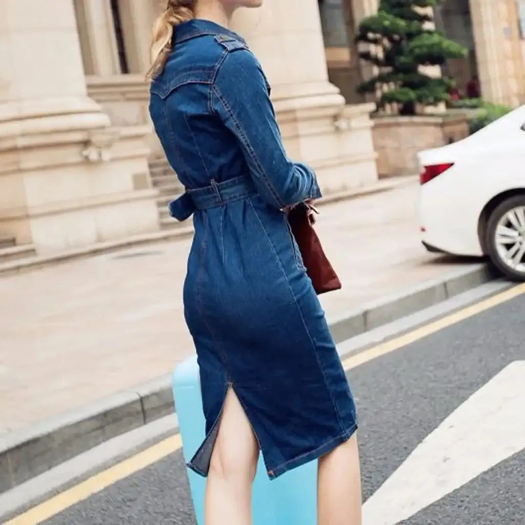 Vintage Button Up Jeans Dress Women Blue Lapel Denim Vestidos Winter Office Slim Long Sleeve Mid-Cuff Denim with Belt Long Dress