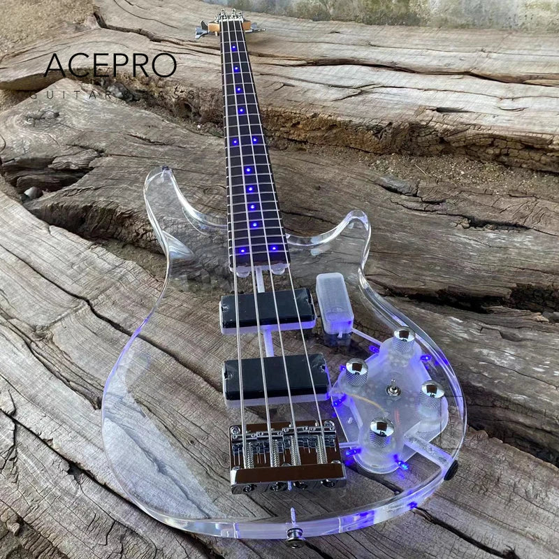 Lizard Vigilante Blue LED Electric Bass Guitar – Clear Acrylic Body, Maple Neck, Rosewood Fingerboard, 4-String Professional Bass - Premium Electric bass guitar from Lizard Vigilante - Just $588.88! Shop now at Lizard Vigilante