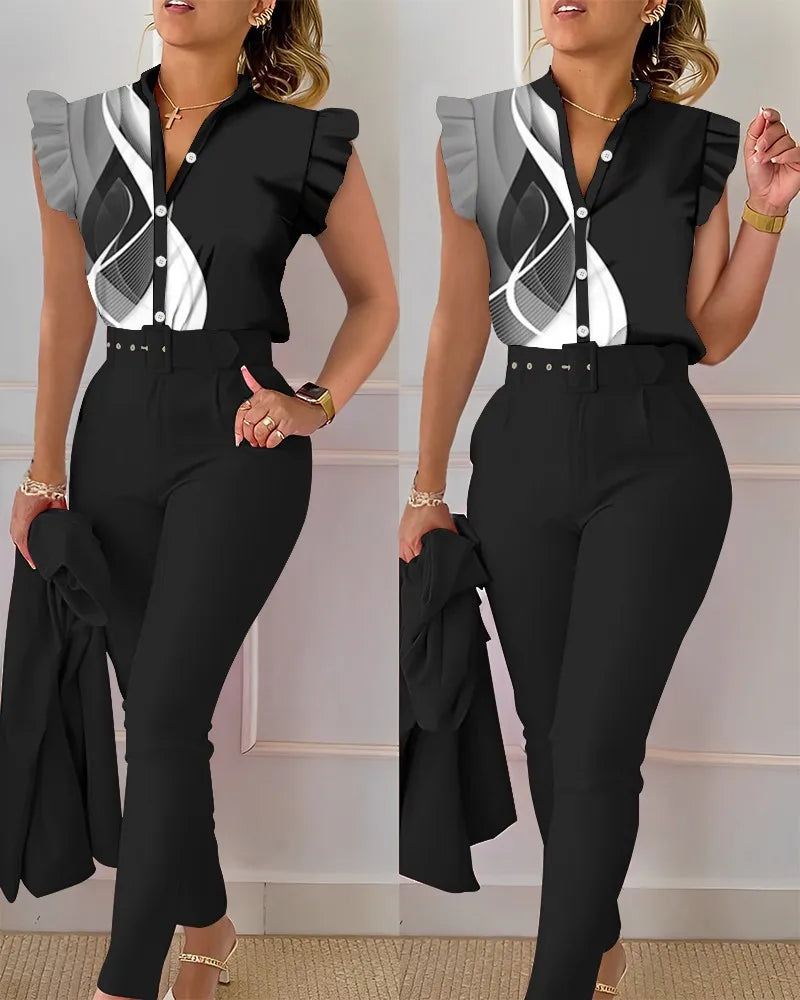 Women's Elegant Floral Slim Two-Piece Set - V-Neck Flying Sleeve Top & High-Waist Pencil Pants with Sash Belt - Premium suit from Lizard Vigilante - Just $38.88! Shop now at Lizard Vigilante