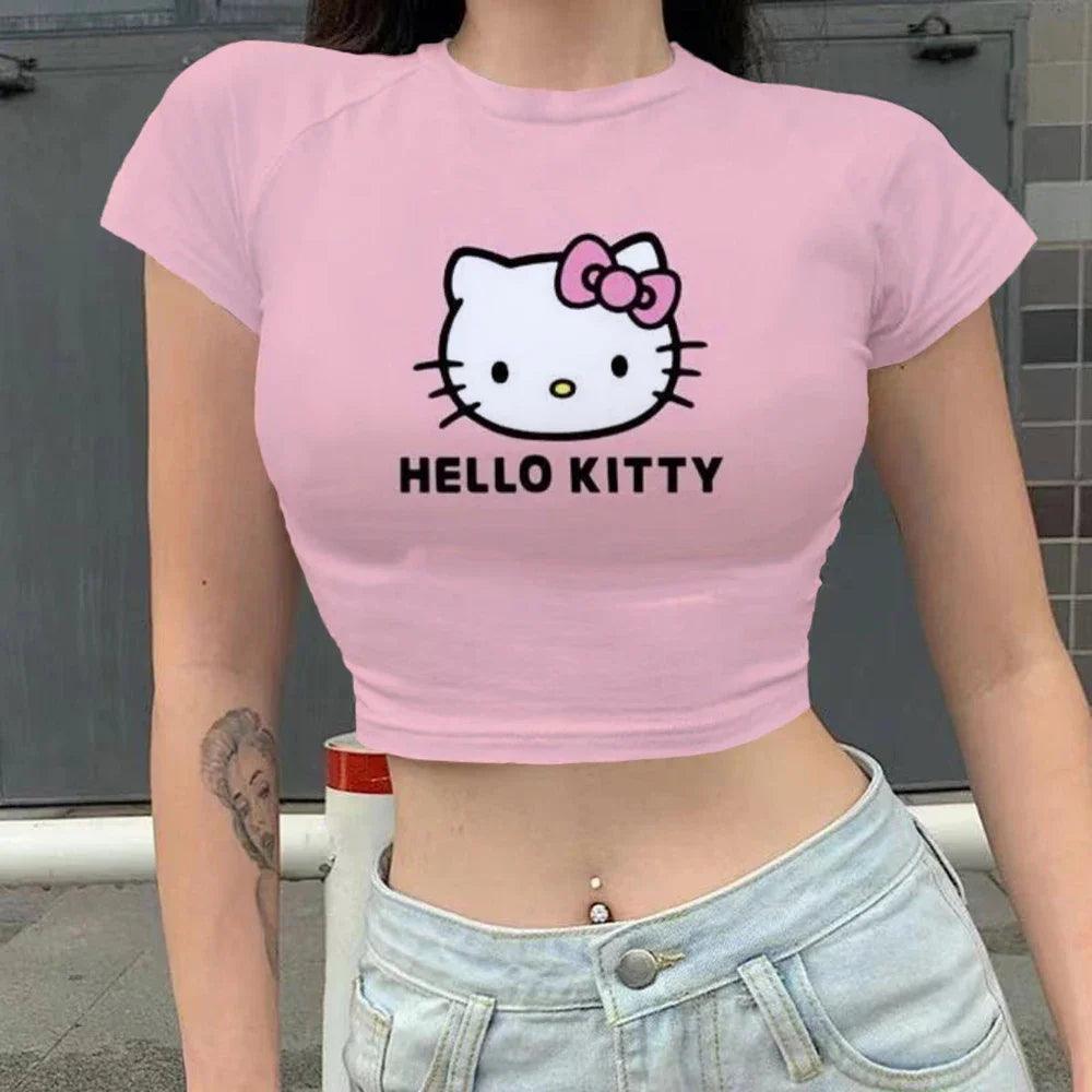 Kawaii Print Hello Kitty Y2K Crop Top | Slim Fit Women's Summer Party T-Shirt - Premium T-Shirts from Lizard Vigilante - Just $23.99! Shop now at Lizard Vigilante