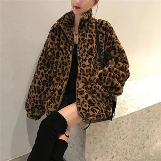 Autumn Fuzzy Leopard Print Jacket for Women – Warm Stand Collar Parka - Premium coat from Lizard Vigilante - Just $68.88! Shop now at Lizard Vigilante