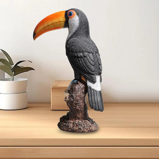 Toucan on Stump Statue Resin Ornament Lovely Hand Painted Waterproof Height 31cm Bird Model for Park Landscape Versatile