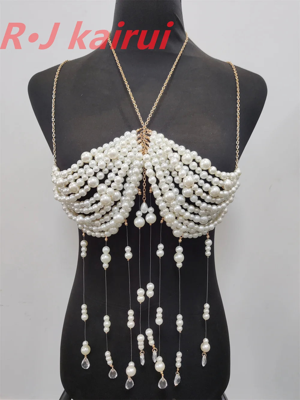 RJ Fashion Sexy Metal Acrylic Neck Body Top Imitation White Pearls Beads Halter Masquerade Stage Party Bra Jewelry Accessories - Premium  from Lizard Vigilante - Just $67.99! Shop now at Lizard Vigilante