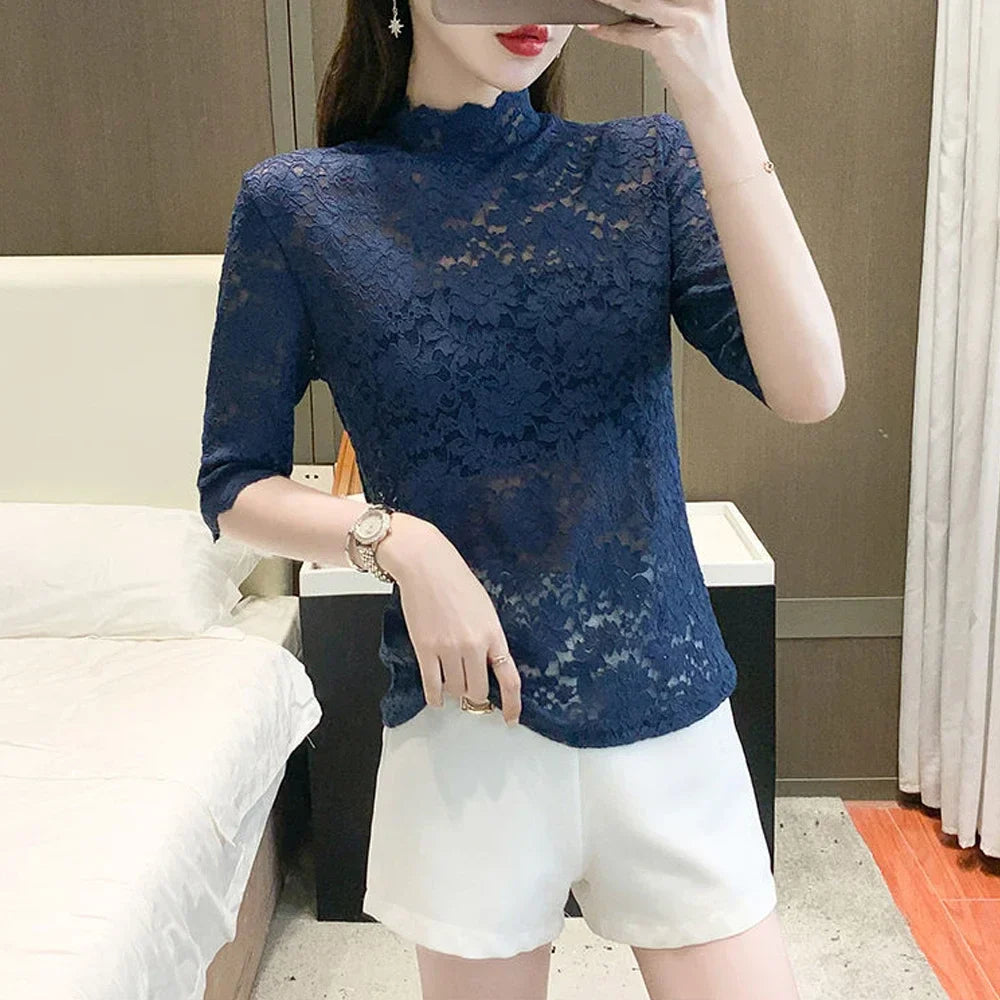 Women Stretch Turtleneck Petal Sleeve Shirt Women Blue Green White Black Flowers Lace T Shirt Ladies S-2XL Tops Fashion Ladies - Premium  from Lizard Vigilante - Just $6.99! Shop now at Lizard Vigilante