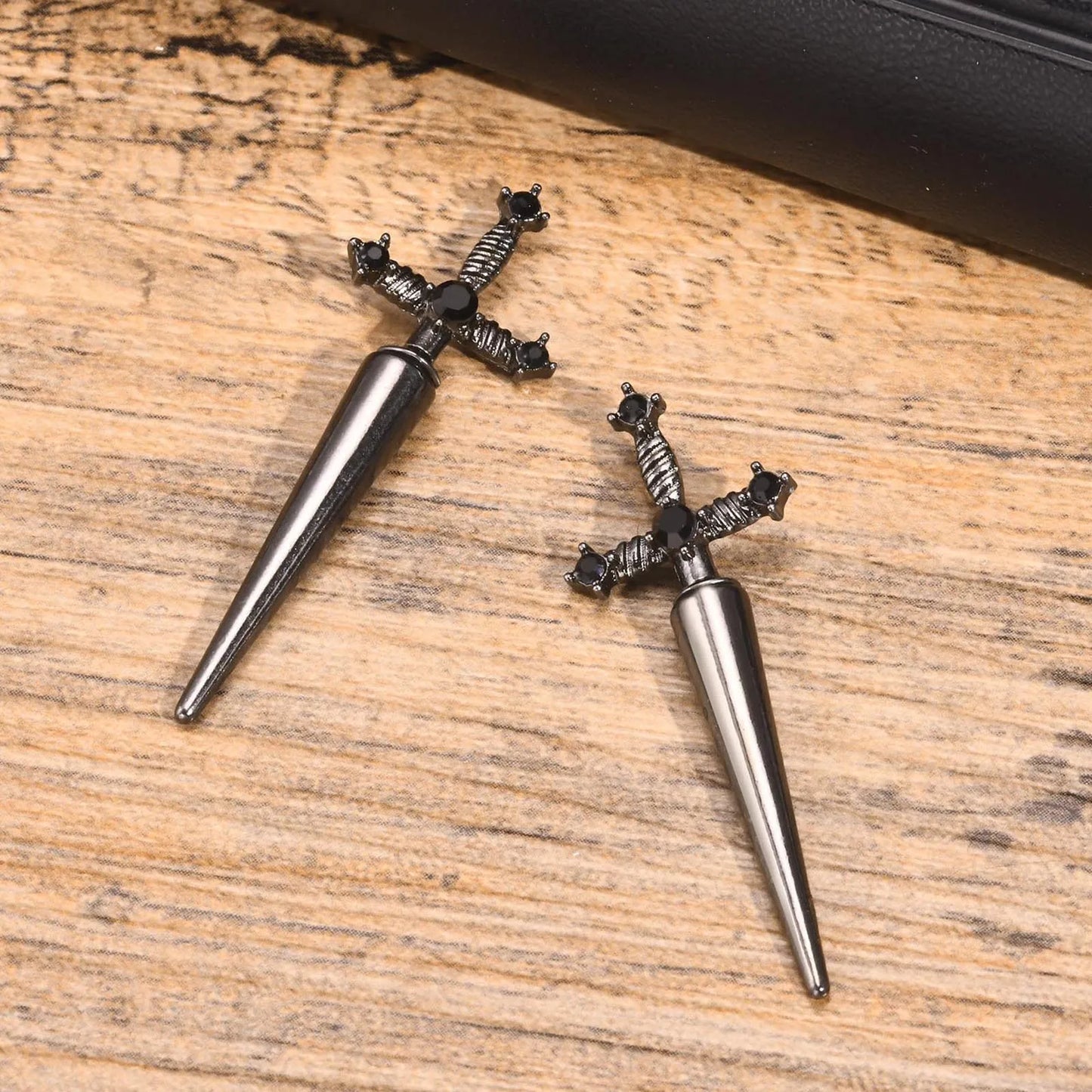 Gothic Sword Earrings with Black Stone Cross Studs - Premium  from Lizard Vigilante - Just $19.88! Shop now at Lizard Vigilante