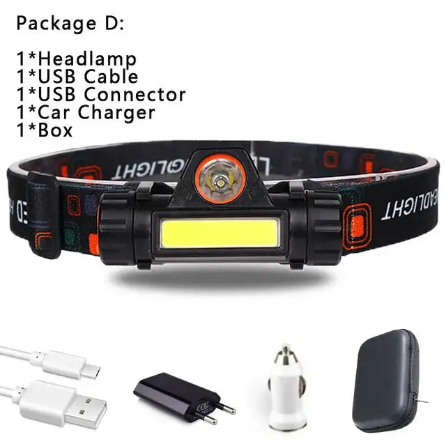 1pcs Rechargeable Fishing LED Headlamp Camping Headlight XPE COB Work Light 2 Lighting Modes With Tail Magnet Detachable