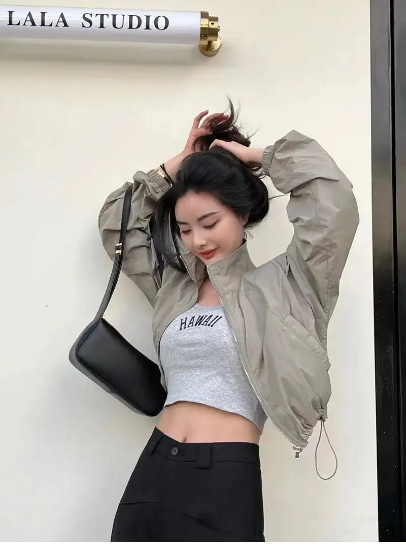 2024 Autumn Vintage Women's Windbreaker Cropped Jackets Harajuku Oversized Streetwear Long Sleeve Fashion Female Elegant Top