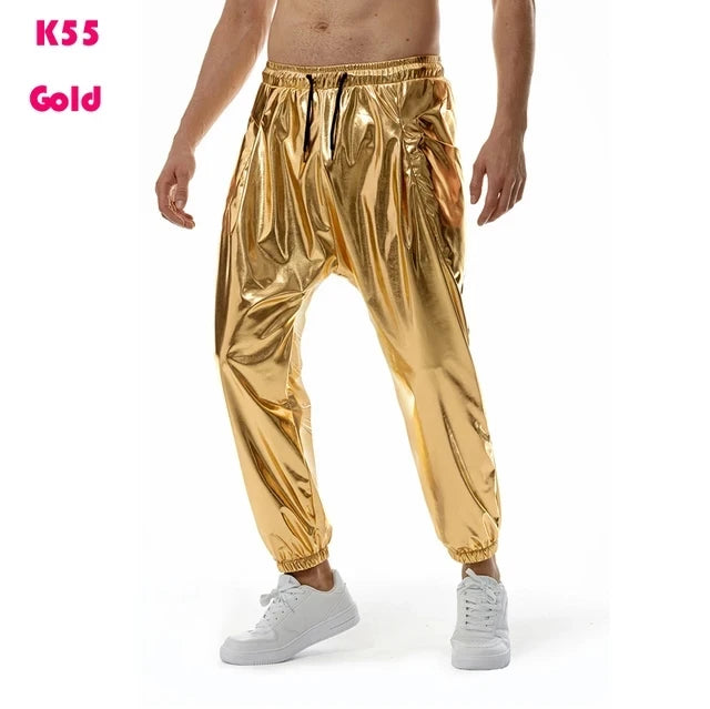 Mens Joggers Metallic Shiny Gold Fish Scales Sweatpants 70s Disco Dance Harem Pants Men Nightclub Stage Party Streetwear Trousers - Premium joggers from Lizard Vigilante - Just $34.99! Shop now at Lizard Vigilante