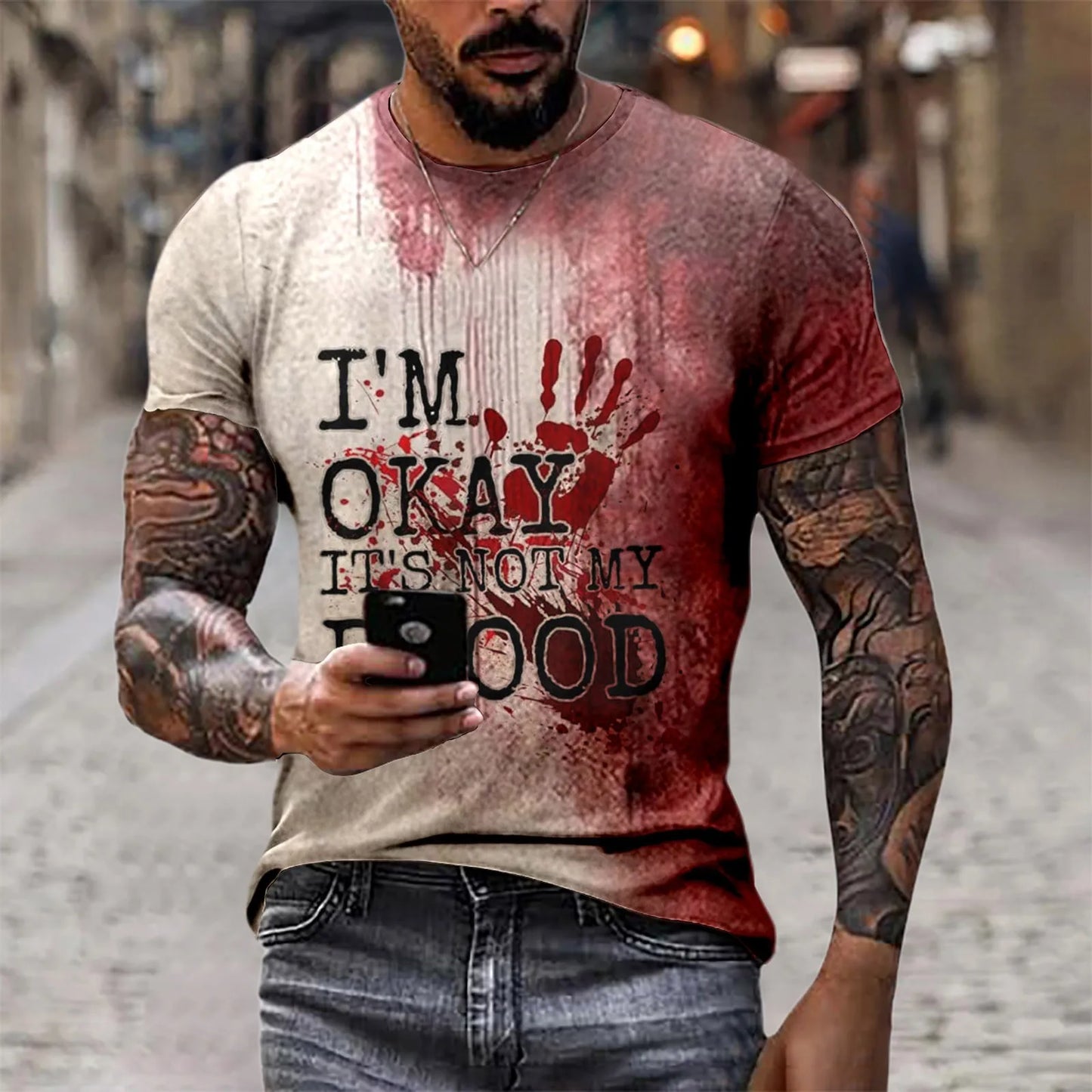 Problem Solved Bloody Fonts T-Shirt Male 2024 Halloween Print Tops Short Sleeve Round Neck Distressed T Shirt Holiday Party Top - Premium  from Lizard Vigilante - Just $11.99! Shop now at Lizard Vigilante