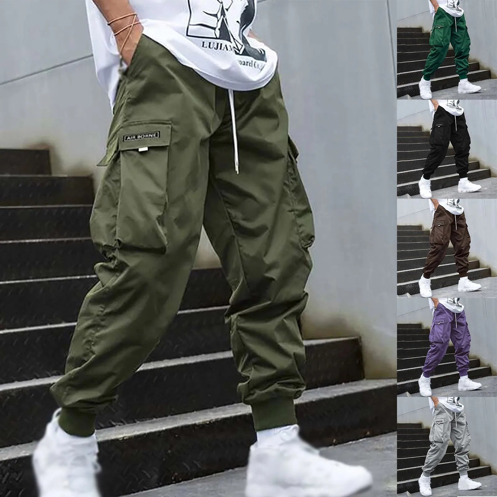 Men's Casual Jogging Cargo Pants with Drawstring & Multi-Pockets – Sport Trousers for Outdoor Activities, Streetwear, and Hip-Hop Style - Premium pants from Lizard Vigilante - Just $37.99! Shop now at Lizard Vigilante