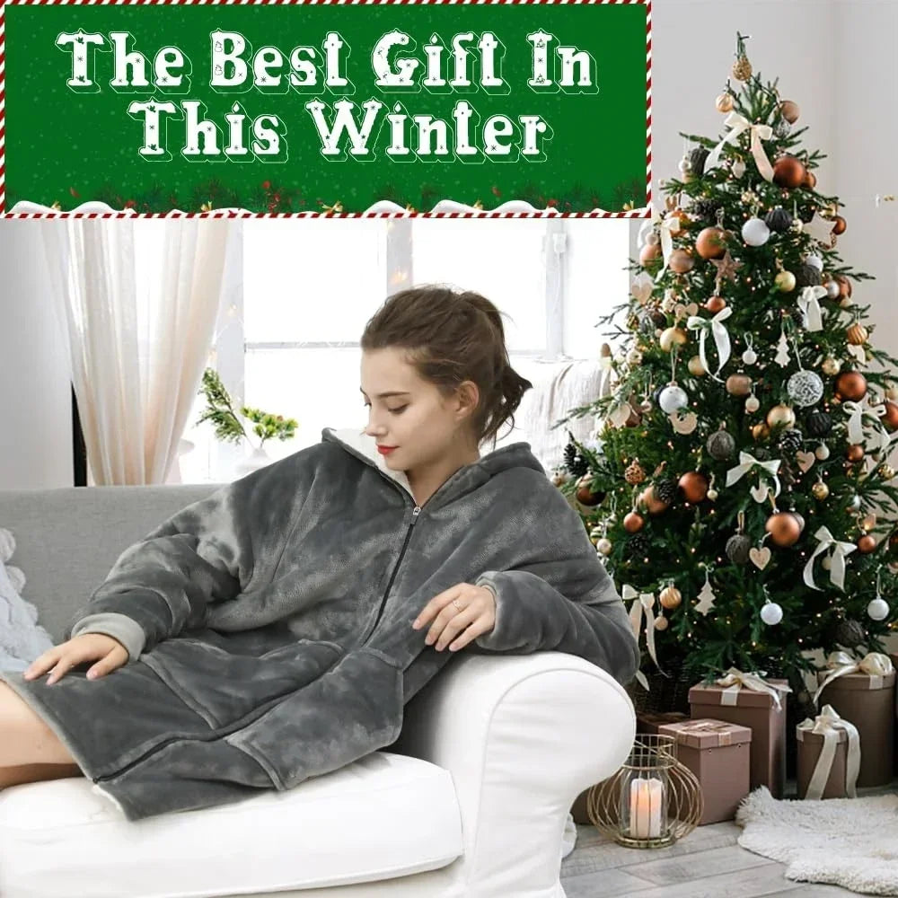 Hoodie Oversized Wearable Blanket Deep Pocket Comfy Sleeves Front Zipper Deluxe Fleece Sweatshirt Blanket Winter Blanket