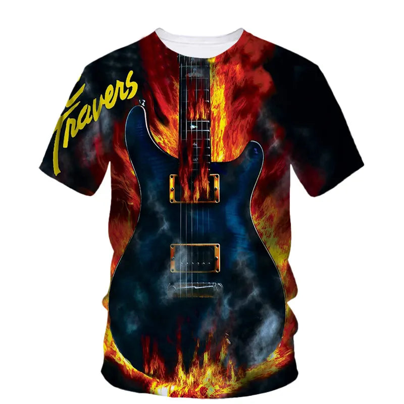 Fashion Trend Rock Music Guitar Boy Fashion Brand Creative 3d Printed Round Neck Shirt Short Sleeve T-Shirt Plus Size Clothing - Premium guitar shirt from Lizard Vigilante - Just $23.99! Shop now at Lizard Vigilante